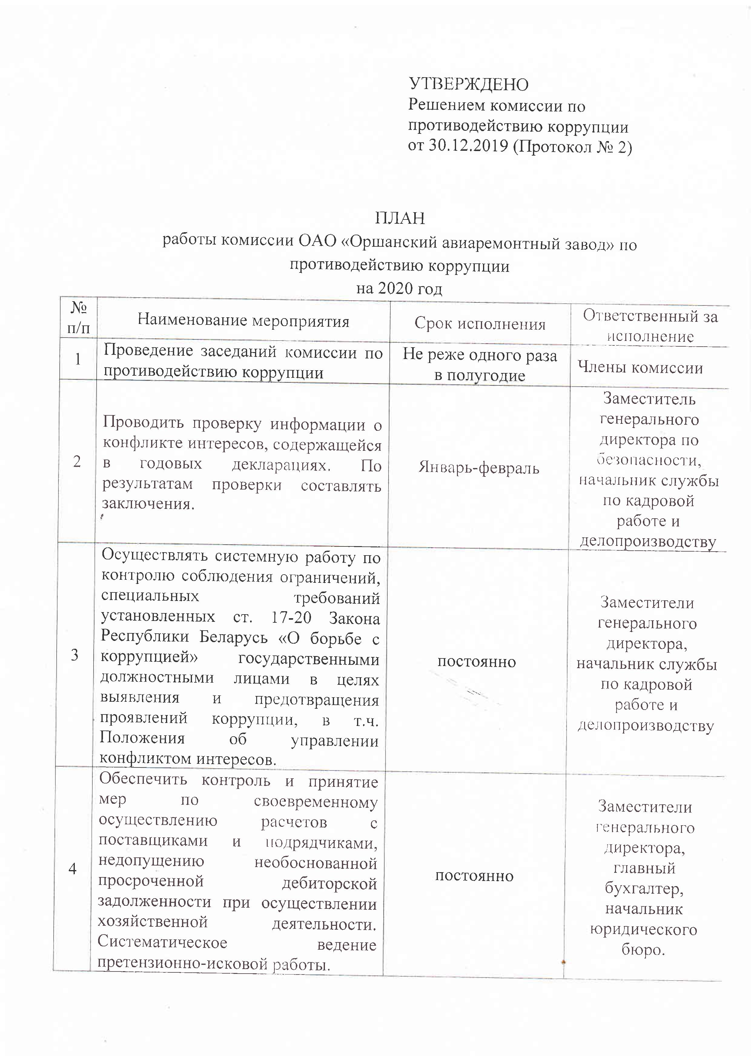 План работы комиссии ОАО "Оршанский авиаремонтный завод" по противодействию коррупции на 2020 год. 1 стр.